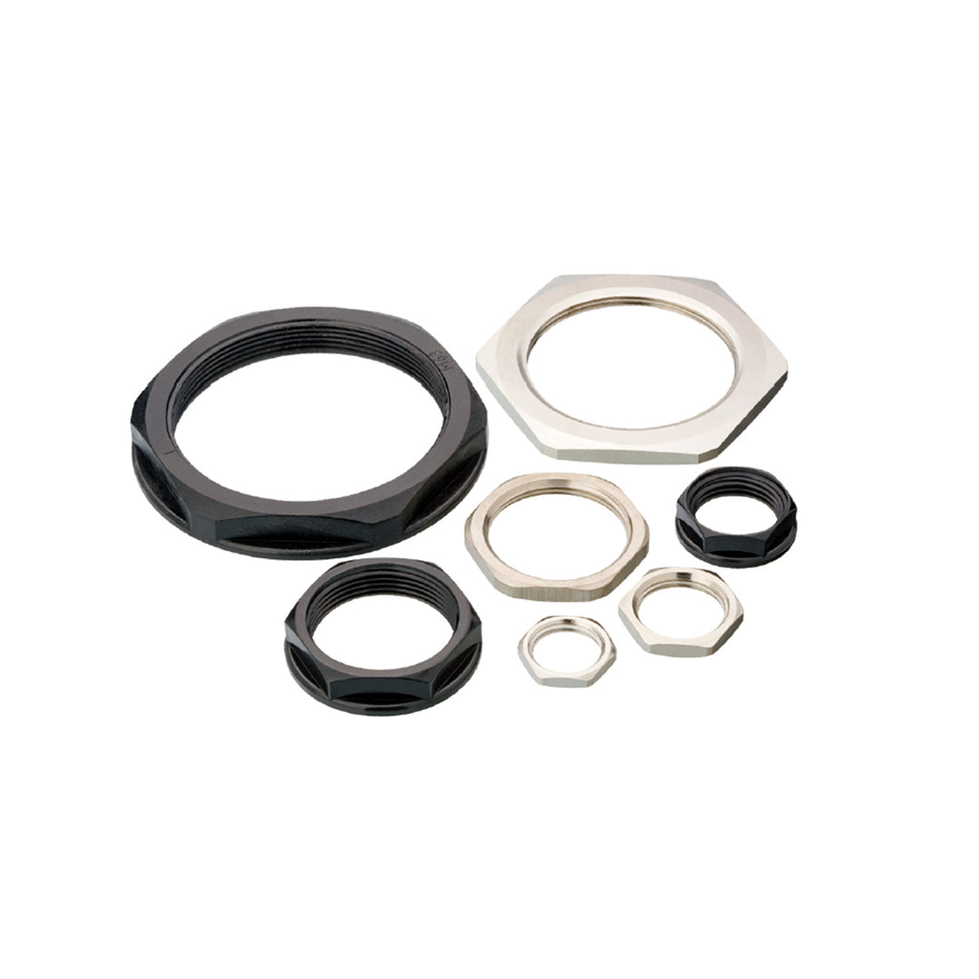A collection of metal and nylon hex locknuts on a white background