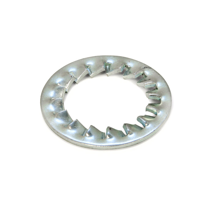 Internal tooth lock washer with zinc-plated finish, featuring inward-facing serrations for secure fastening and vibration resistance.