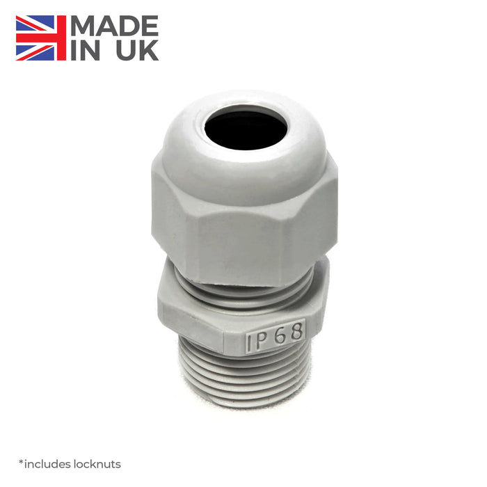 Grey IP68 plastic cable gland with integrated locknut and UK origin mark.