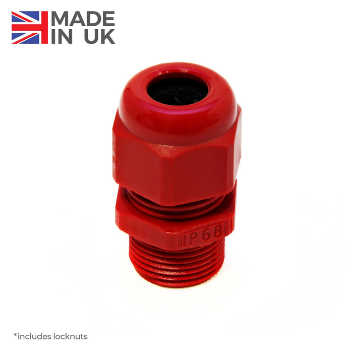 Red nylon IP68-rated cable gland with locknut, made in the UK.