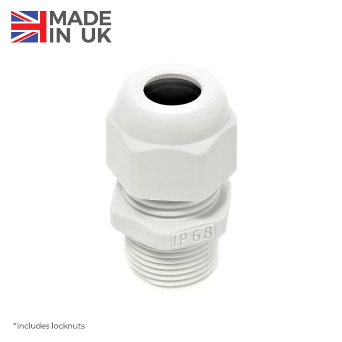 White IP68 nylon cable gland with locknut, manufactured in the UK.