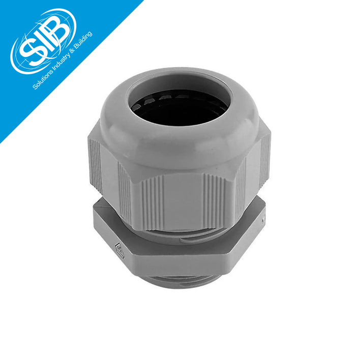 Black SIB plastic cable gland with locknut for secure, weather-resistant cable entry sealing.