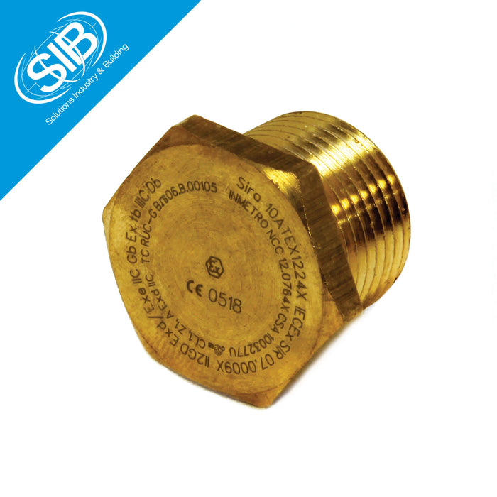 Brass stopping plugs for hazardous areas, ATEX and IECEx certified, used to safely seal unused cable gland entries in electrical enclosures.