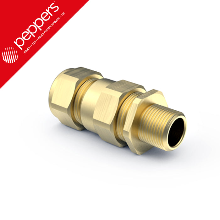 Close-up of Peppers E1W double compression brass cable gland kit with earth tag, PVC shroud, sealing washer, and armour ring for SWA cables.