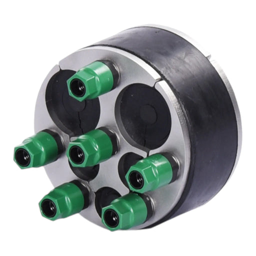 Gas and watertight mechanical duct seal with six green-topped fasteners for multiple cable entries