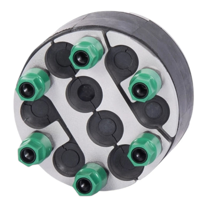 High-capacity 100mm KRASO mechanical duct seal with seven cable channels and green securing bolts