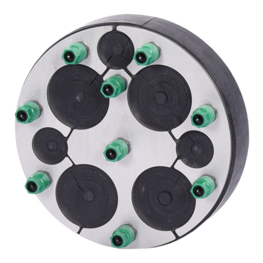 200mm KRAUSO retrofit mechanical seal with varying cable module sizes and green compression bolts for flexible multi-cable transit protection.