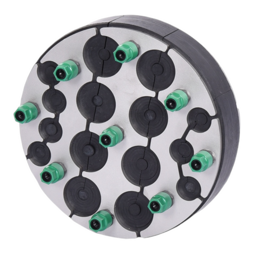 A mechanical duct seal with multiple cable entries and green connectors, primarily designed for sealing cable ducts with pipes and cables.