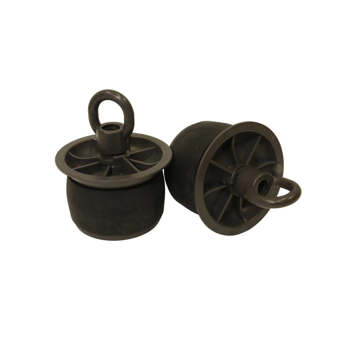 Two black DuctPlug mechanical duct seals for pipe and cable sealing in infrastructure and electrical ductwork