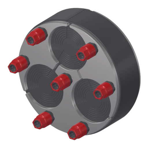 200mm KRASO® retrofit mechanical duct seal with red pressure screws and modular rubber insert for watertight cable transit applications.