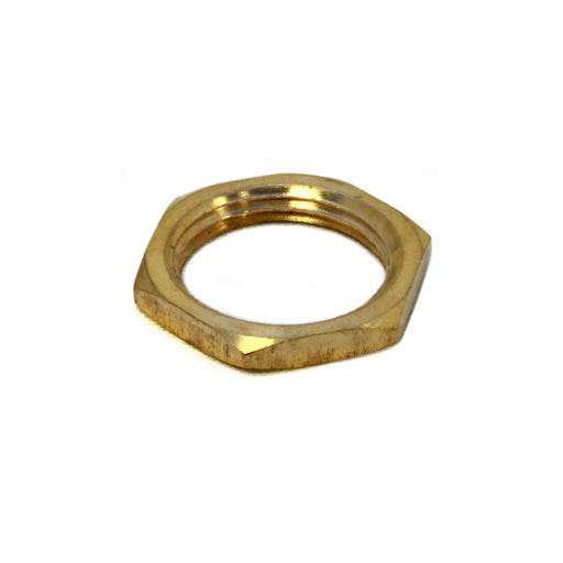 Gold hexagonal metal nut on a white background