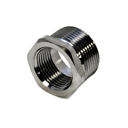 A nickel plated brass hexagonal shaped adaptor with threaded bores on both ends.