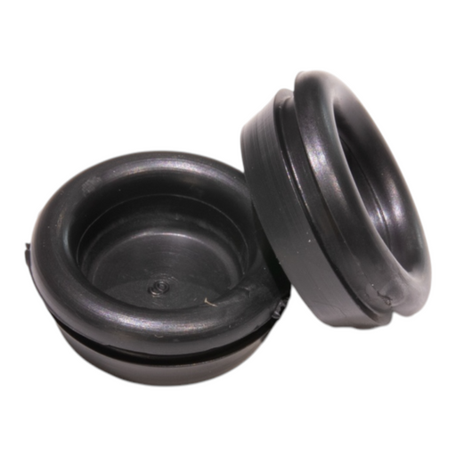 Closed rubber grommets (blanking plugs), black, two pieces on white background.