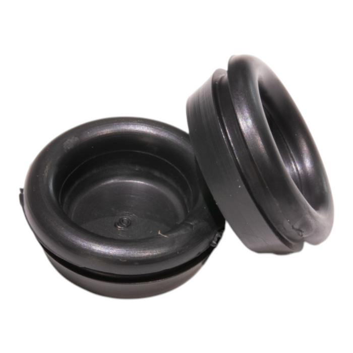Closed rubber grommets (blanking plugs), black, two pieces on white background.
