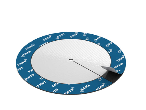 DAFA airtight retrofit grommet — round patch with blue DAFA-branded outer ring and white slit centre, peel-back tab visible, on a white background.