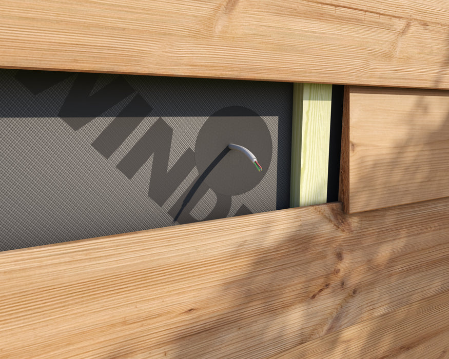 Airtight cable grommet sealed through DAFA TriFlex membrane behind timber cladding, showing a single cable pass-through.