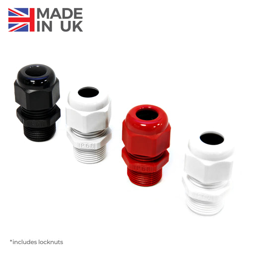 Mixed colour nylon IP68 cable glands with locknuts, made in the UK.