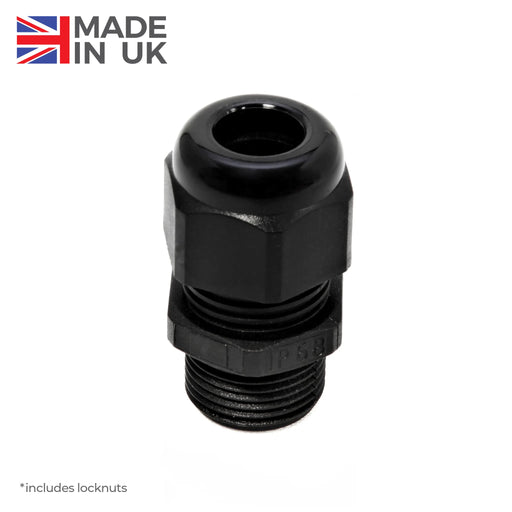 Black IP68 nylon cable gland with locknut, proudly made in the UK.