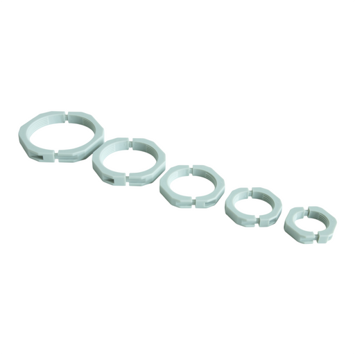 Five light grey split locknuts in different sizes on a white background