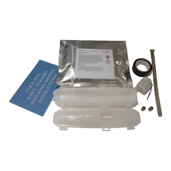 A kit of LV cast resin straight cable joints including a white shell, polyurethane resin, constant force springs, earth braid, connectors, PVC tape, and a instruction manual.