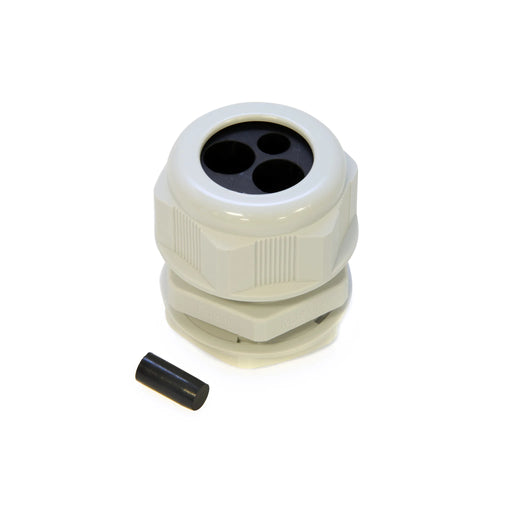 White nylon cable gland with multi-hole insert and sealing plug for secure multi-cable entries.