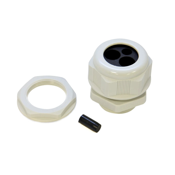 Nylon cable gland kit showing gland body, locknut, and multi-entry insert with sealing accessory.