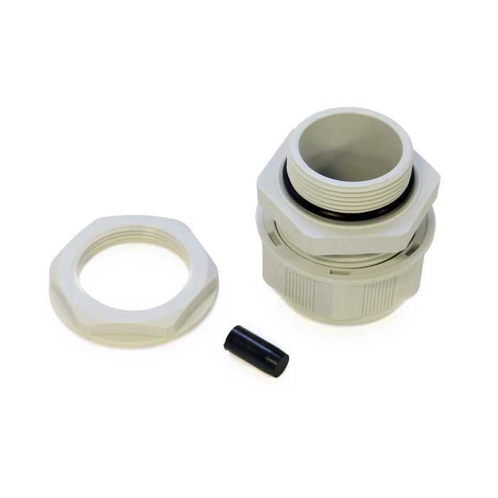 Disassembled nylon cable gland kit featuring threaded body, O-ring, locknut, and blanking plug.