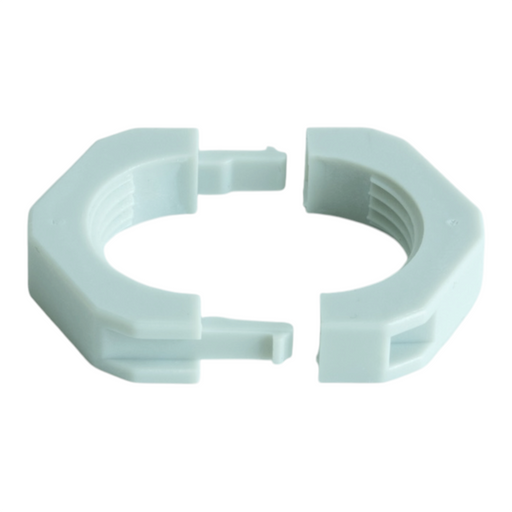 Open two-piece split locknut with internal thread on a white background