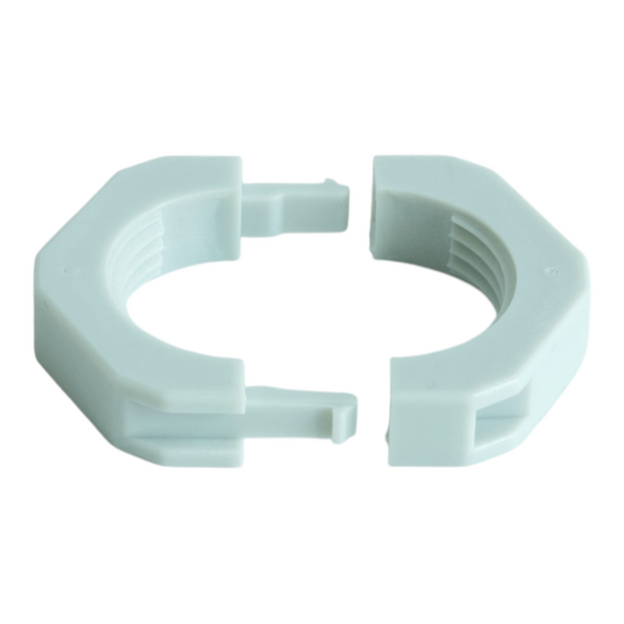 Open two-piece split locknut with internal thread on a white background