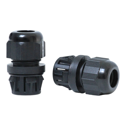 Black snap-in cable glands with flexible tabs for tool-free panel mounting and strain relief.