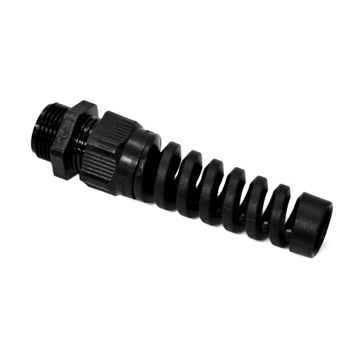 Black nylon cable gland with integrated pigtail strain relief for enhanced cable bend protection in industrial applications.