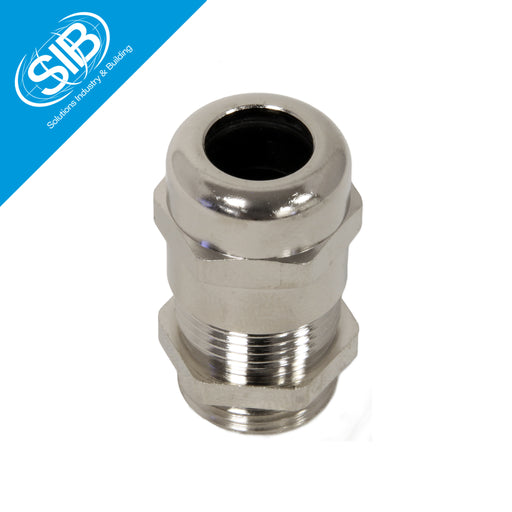 Nickel-plated brass EMC roundtop cable gland with PG threading, offering 360° electromagnetic shielding and strain relief for shielded cables in industrial applications.