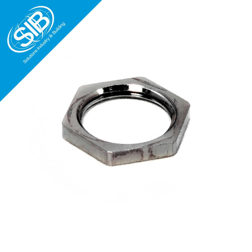 Metal hex nut on a white background with SIB logo
