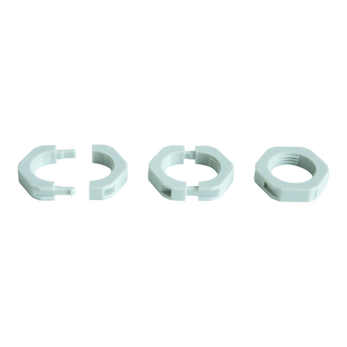 Three stages showing a two-piece split locknut being assembled and closed
