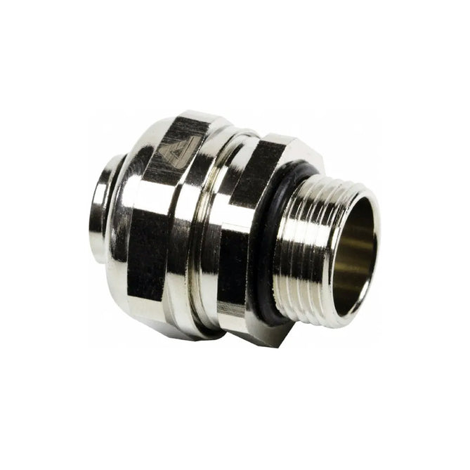 Nickel plated brass swivel gland fitting for liquid tight conduit, with a silver appearance.