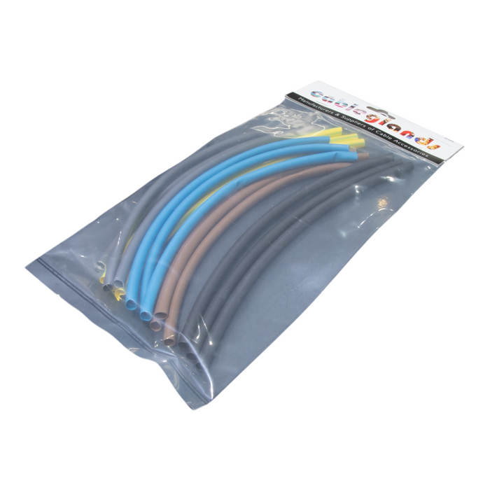 Pack of multicolour heat shrink tubing in retail packaging on a white background.