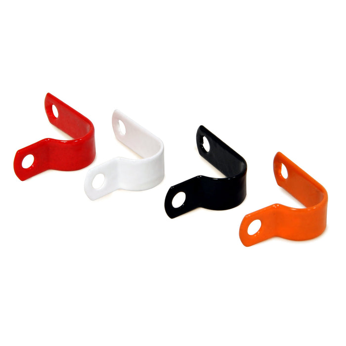 Set of four RCHL L-shaped plastic cable saddles—assorted colours on white background.