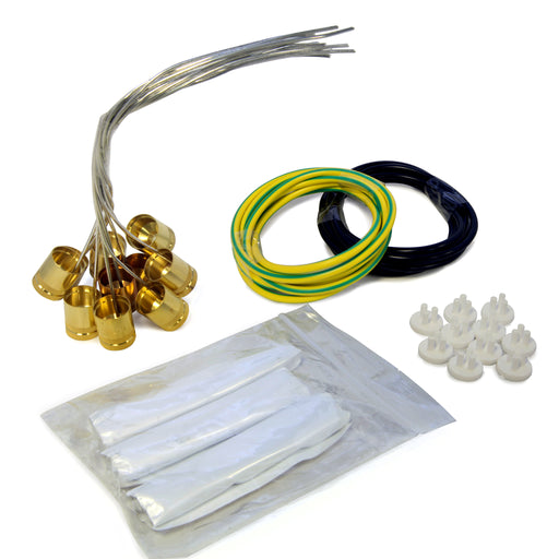 A set of MICC heavy duty earth tail pots and seals with brass pots, color-coded sleeving, and white cable ties.