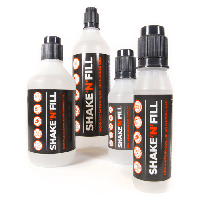 Shake'N'Fill Re-Enterable Clear Gel Products, 150ml, 250ml, 500ml & 1 litre in a staggered image