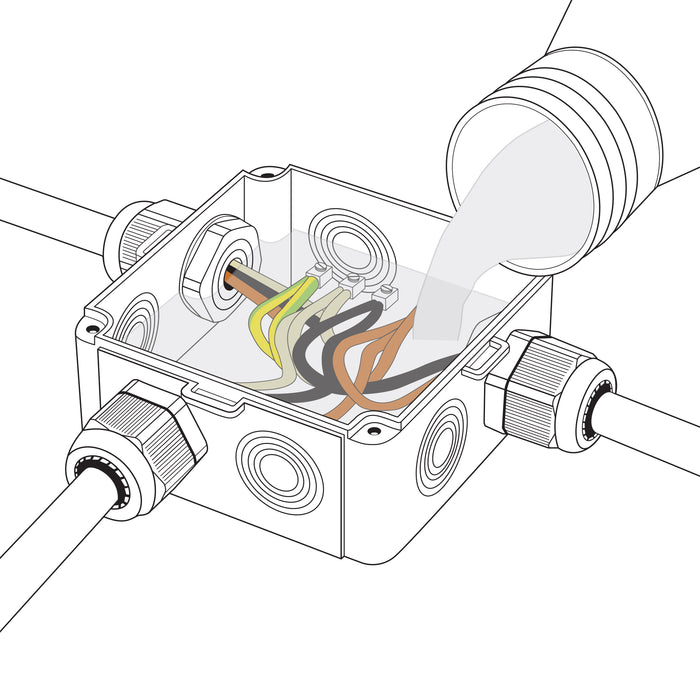 Shake'N'Fill Re-Enterable Clear Gel being poured into electrical junction box line drawing