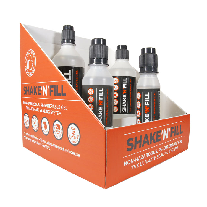 Shake'N'Fill Re-Enterable Clear Gel Products, 150ml, 250ml, 500ml & 1 litre in Point of Sale display stand